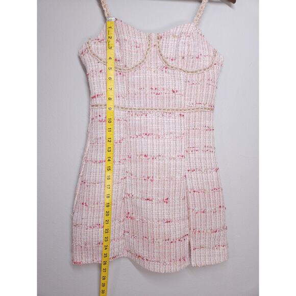 Hello Fashion Tweed mini dress bouclé fabric pink beige structured bustier style - Picture 6 of 14